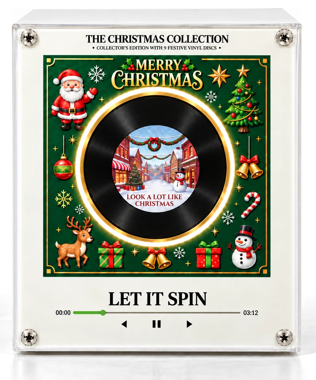 Christmas music player with a spinning miniature vinyl record and warm LED ring