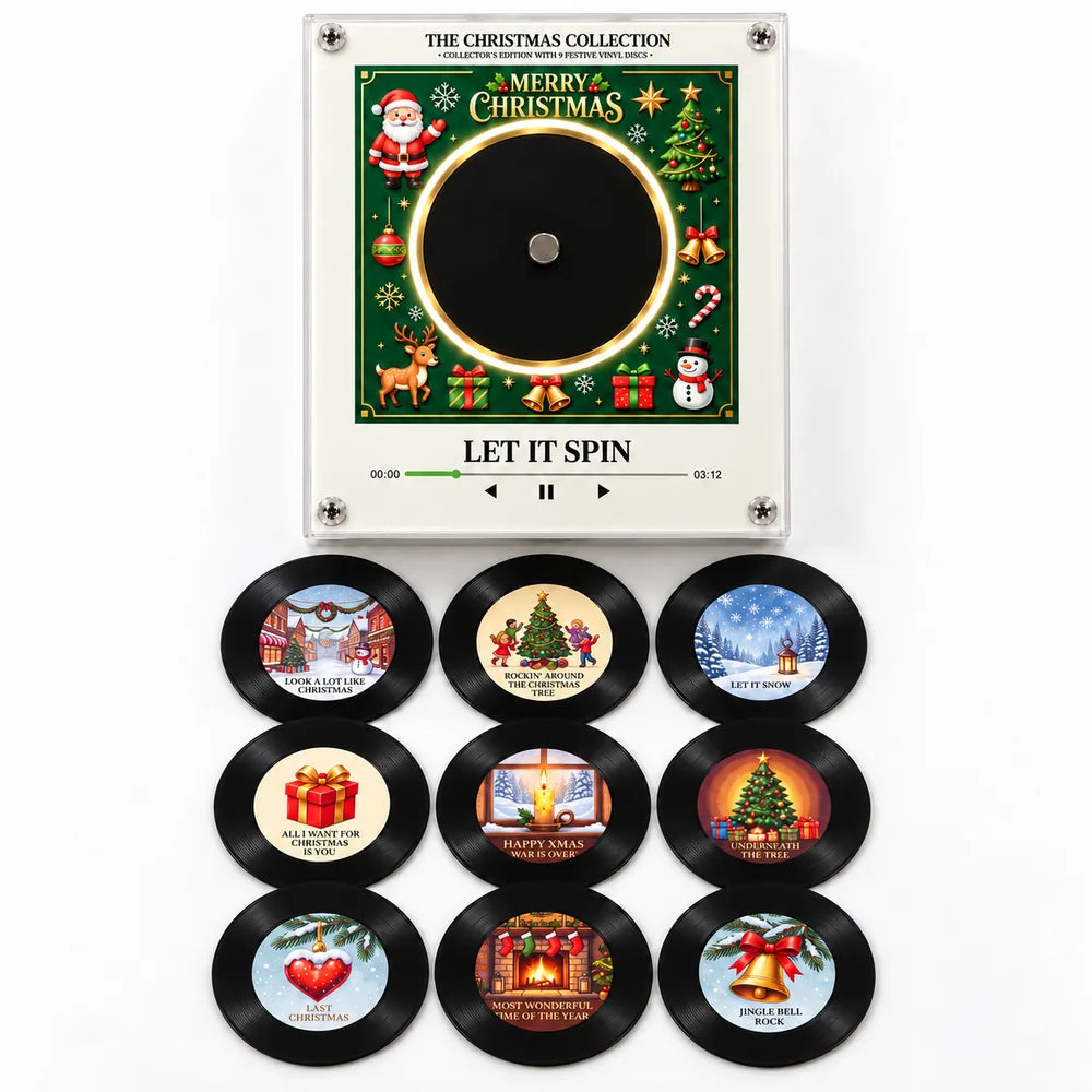 The player above its 9 miniature records laid out in a grid